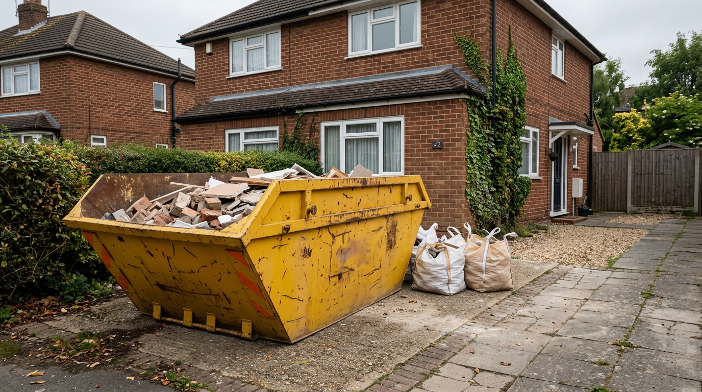 Large yellow 8-yard skip beside a brick home renovation