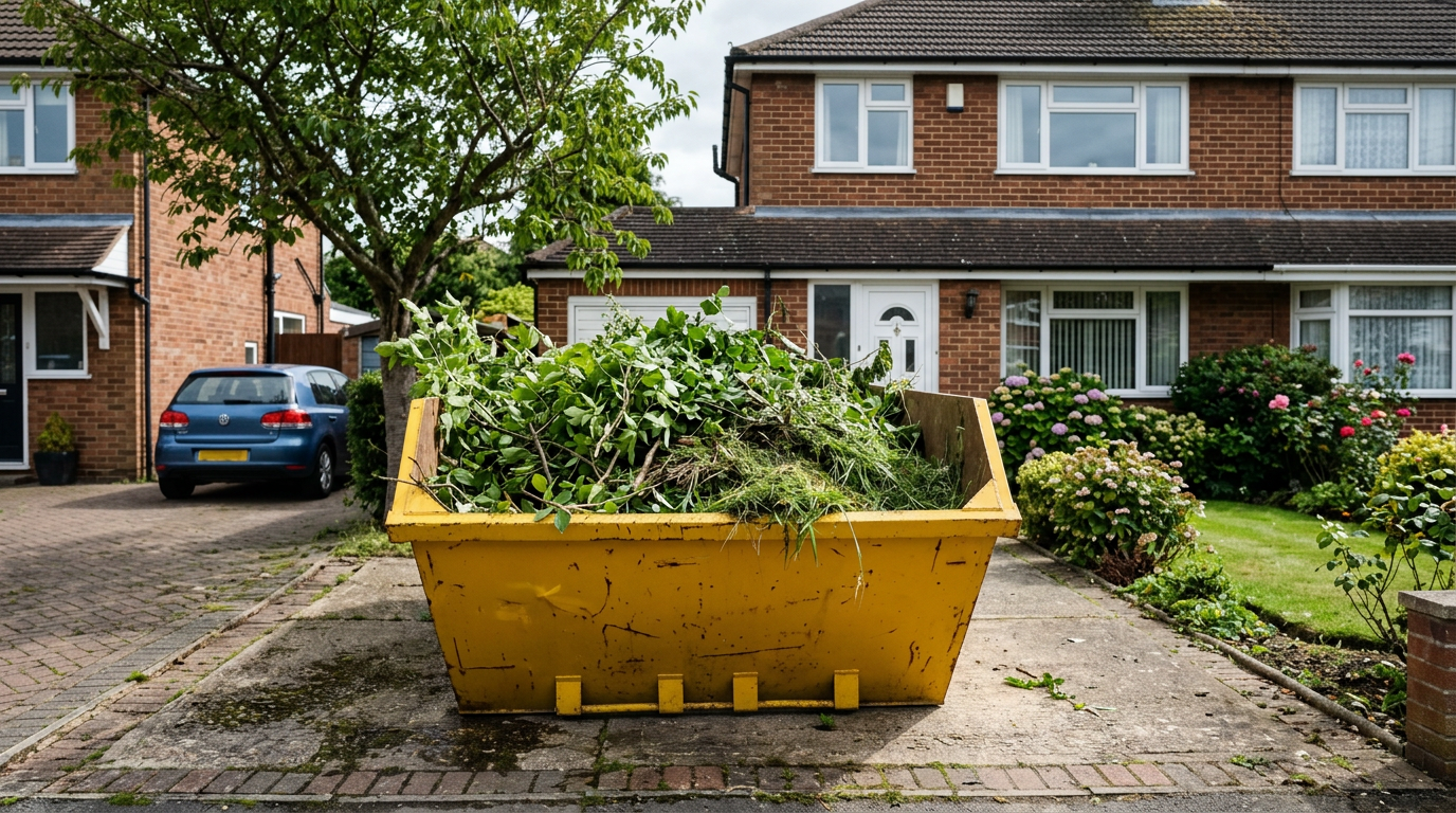 Yellow maxi skip loaded with green garden waste on a British driveway