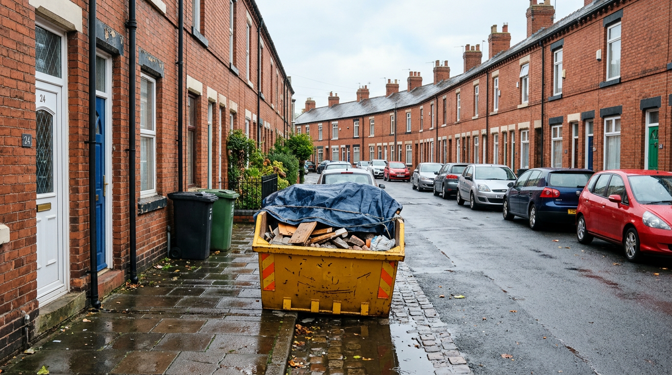 Yellow midi skip placed carefully on a narrow street of British terraced houses
